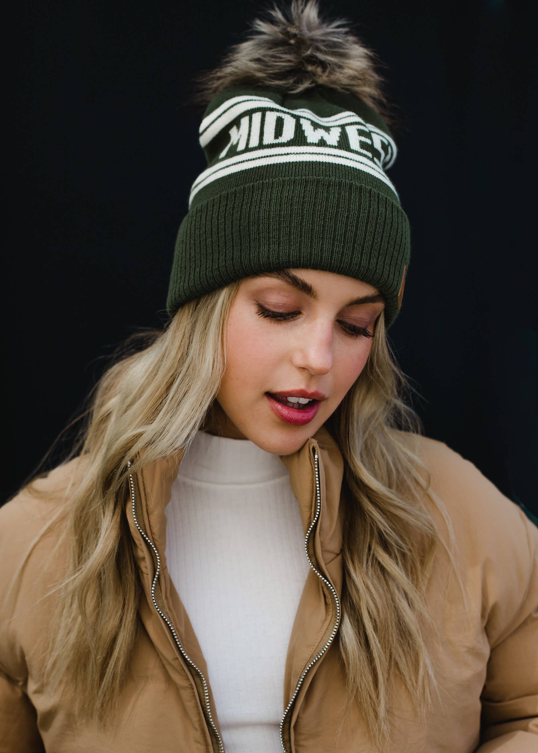 Trish Olive & Beige Midwest Pom Hat