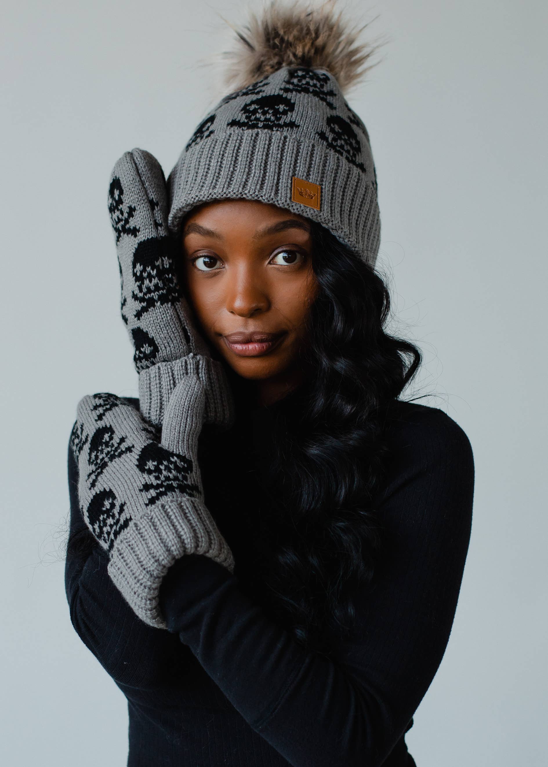 Haunted Gray Skull Pattern Pom Hat