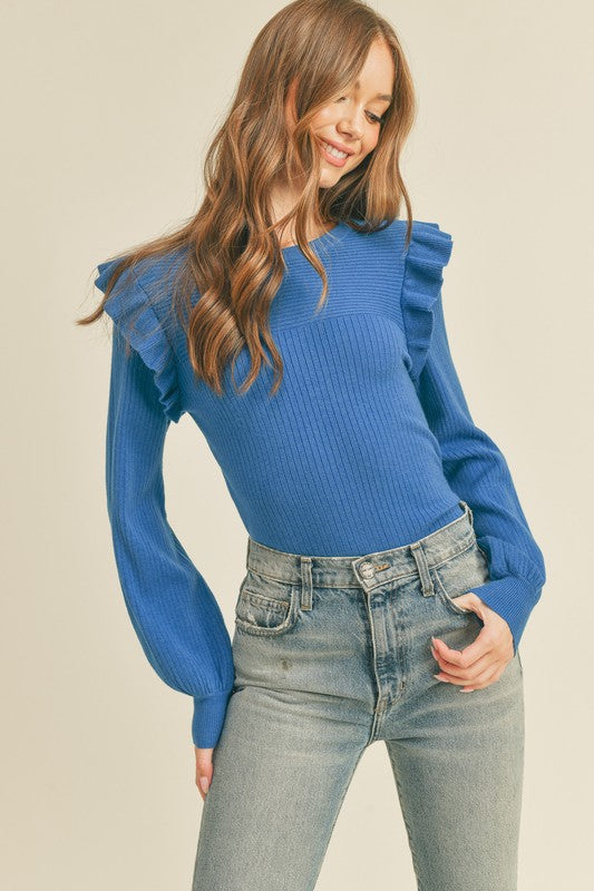 Grey Ruffle Knit Cobalt Top