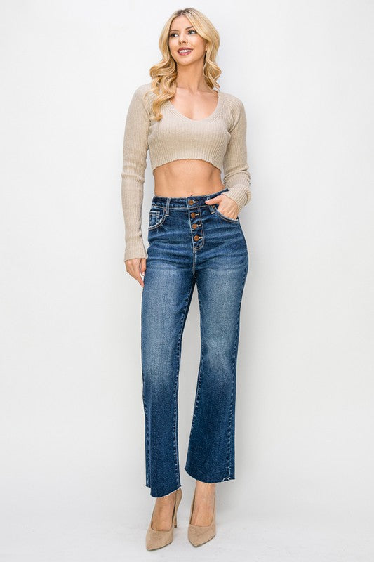 RISEN Danni High Rise Crop Straight Button Jeans