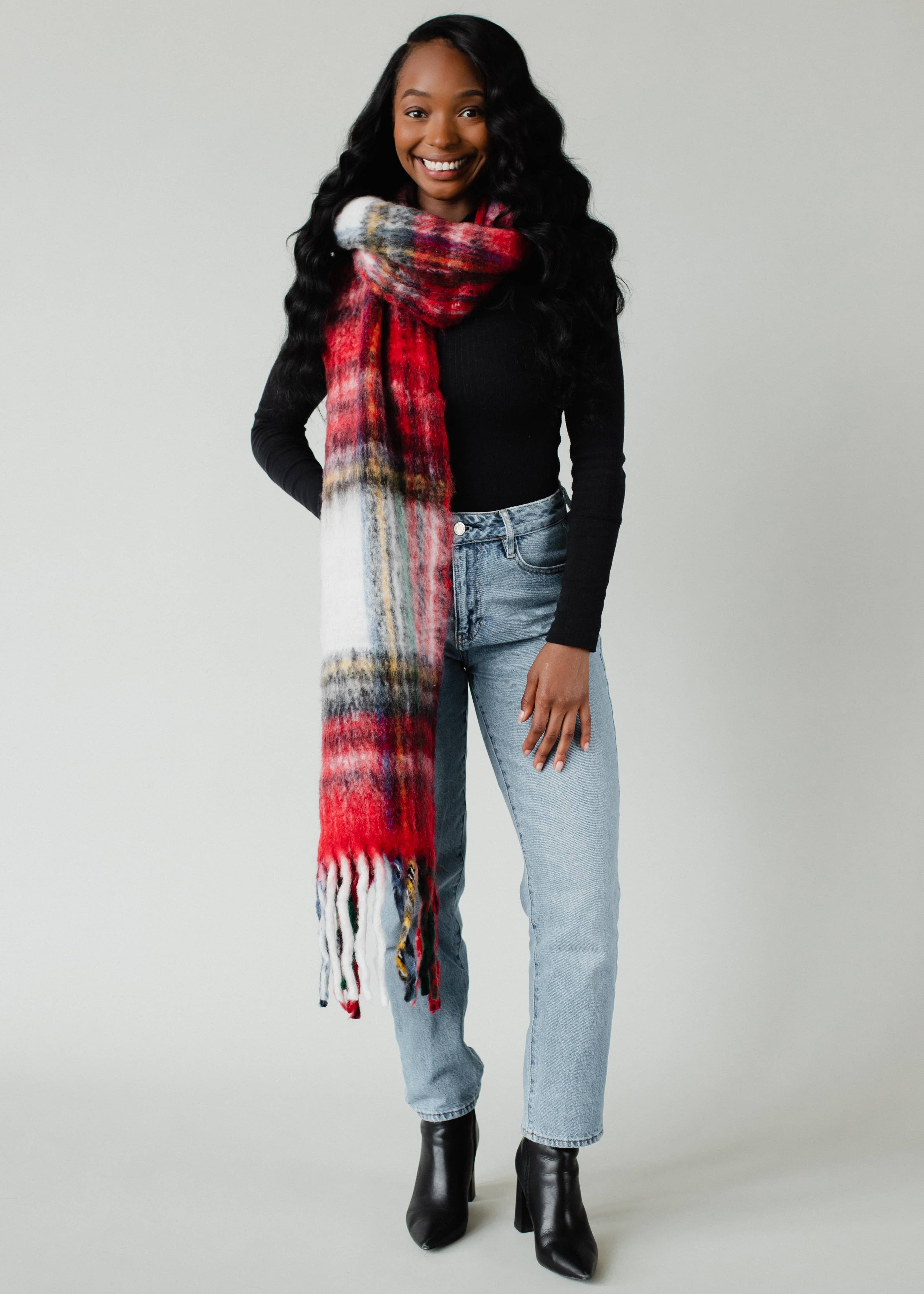 Trexa Red & Multicolored Plaid Long Scarf with Fringe