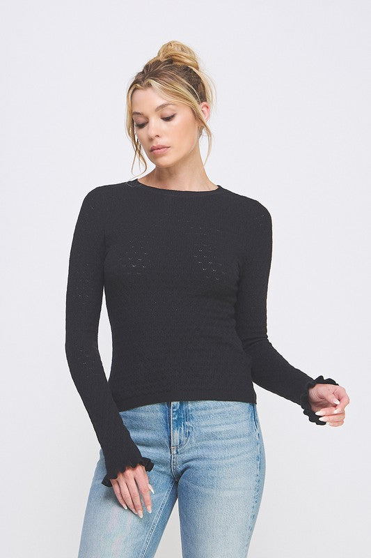 Folly Black Pointelle Ruffle Sweater