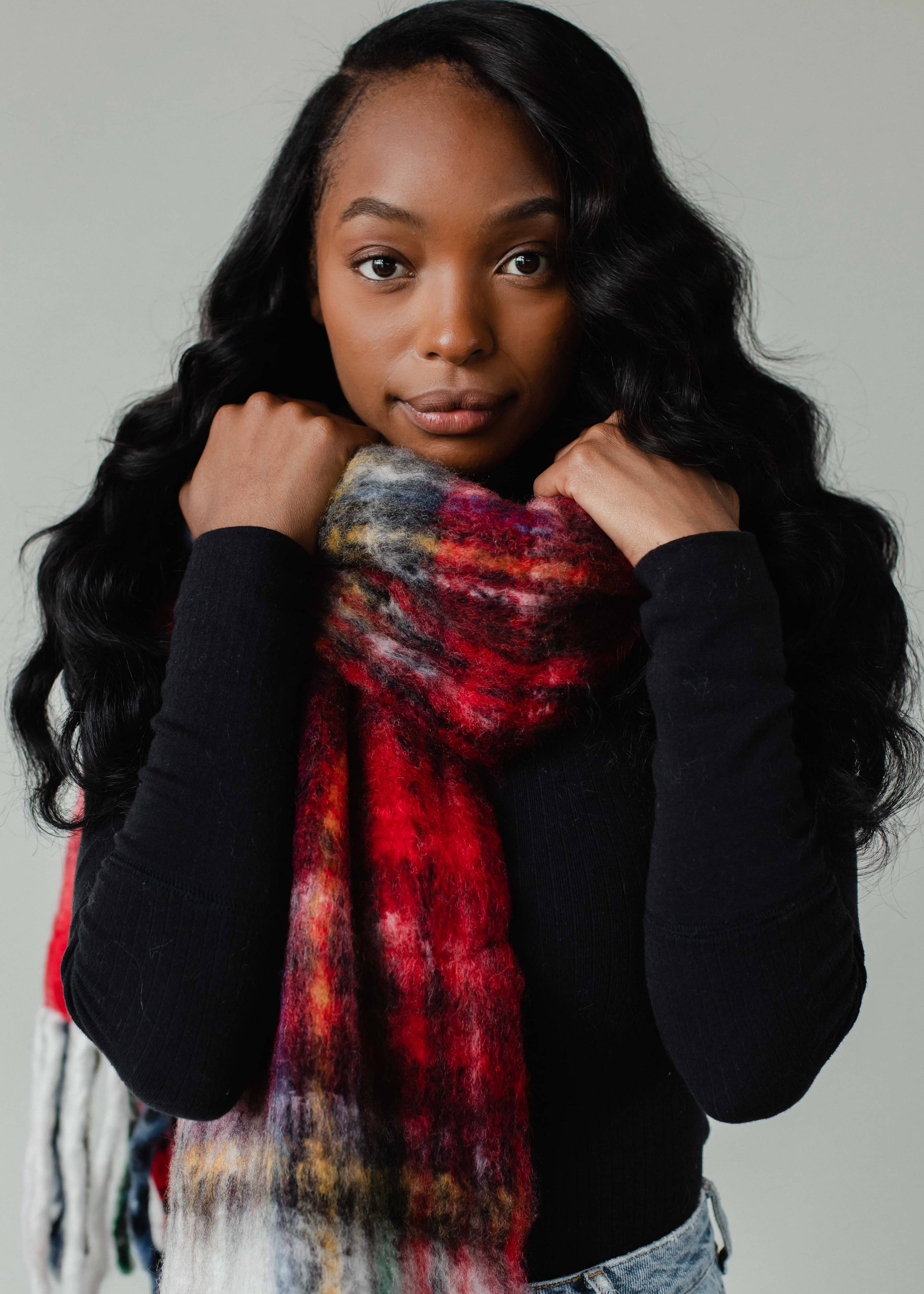 Trexa Red & Multicolored Plaid Long Scarf with Fringe