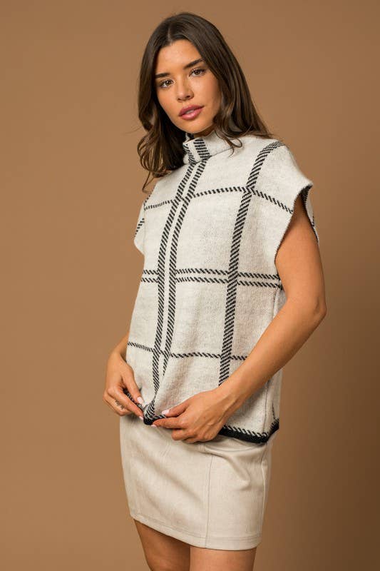 Barker Mock Neck Wide Shoulder Plaid Knit Top