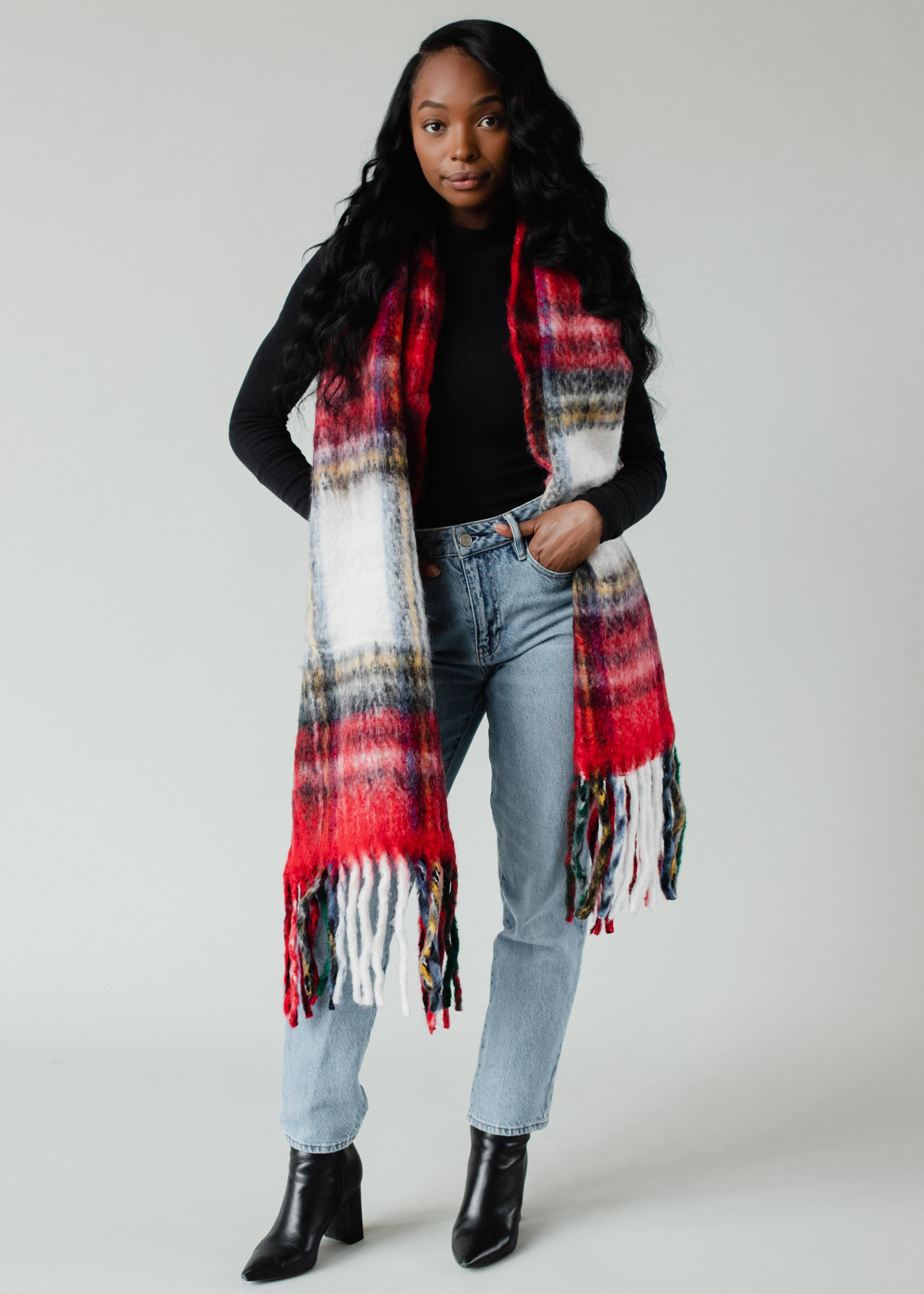 Trexa Red & Multicolored Plaid Long Scarf with Fringe