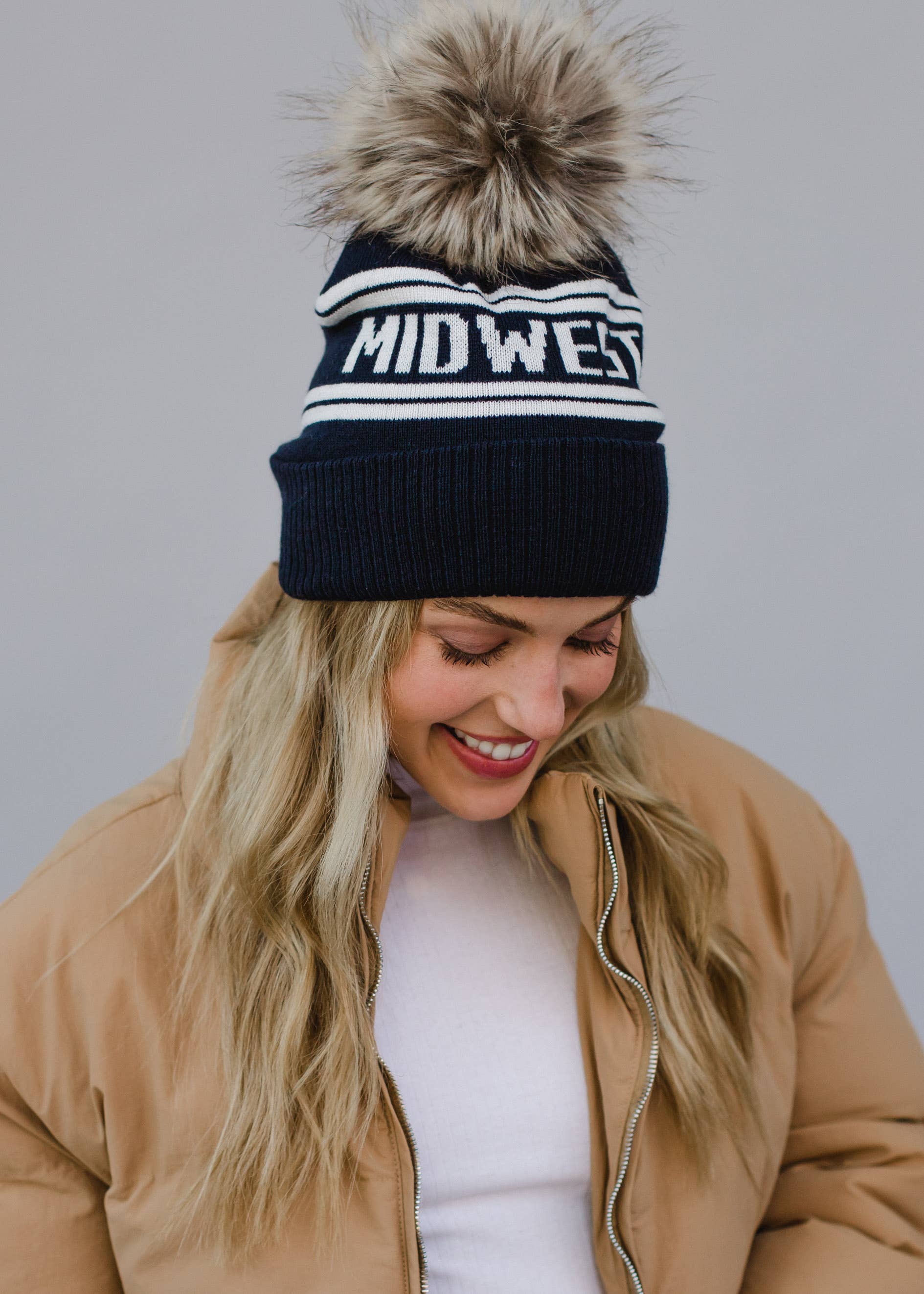 Tessa Navy & Off White Midwest Pom Hat