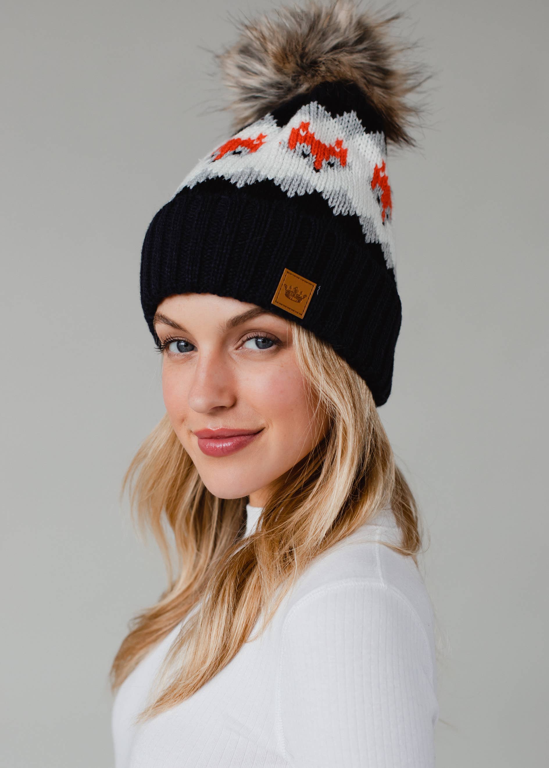 Fox Patterned Pom Hat