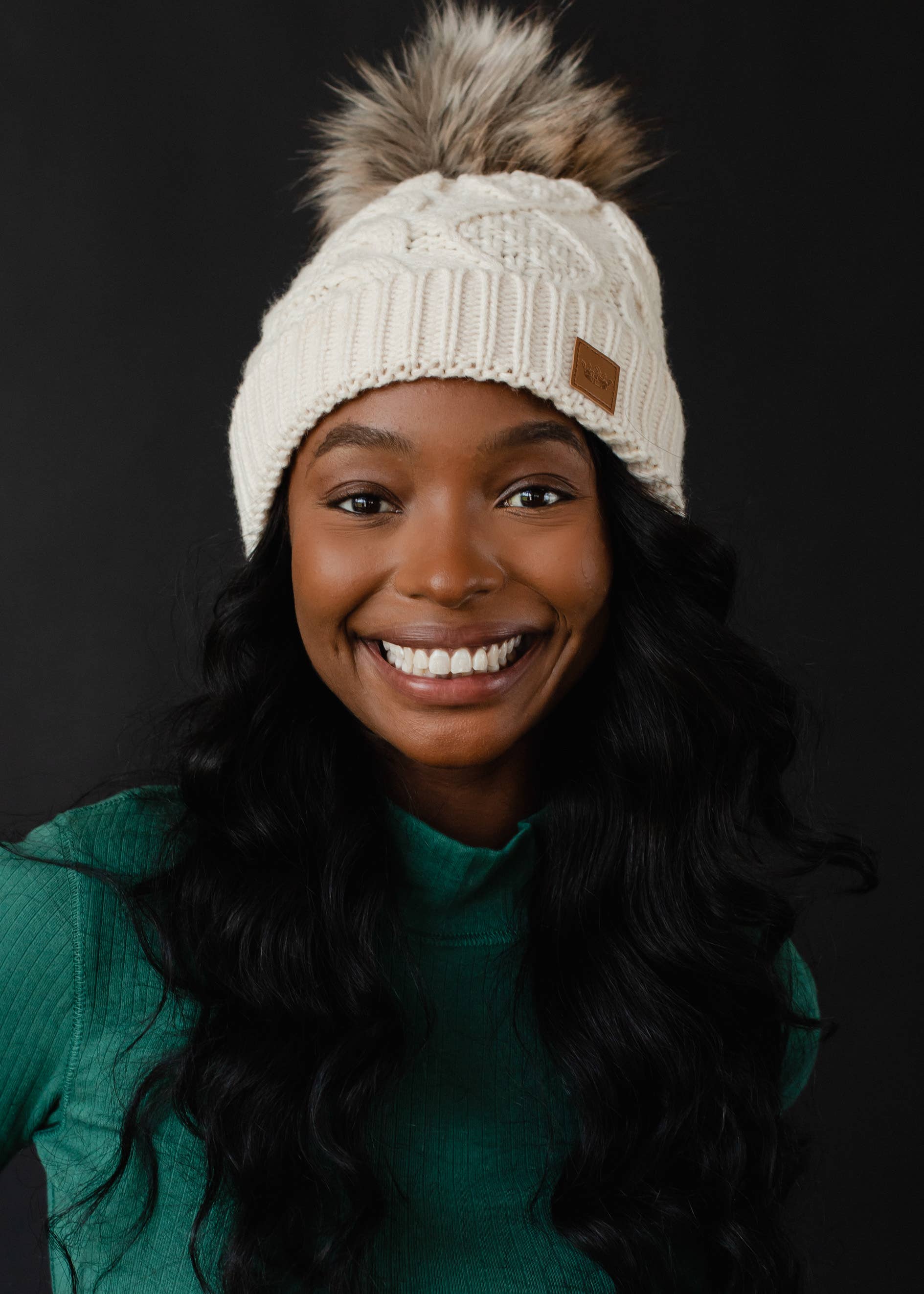 Tarmi Ivory Cable Knit Pom Hat