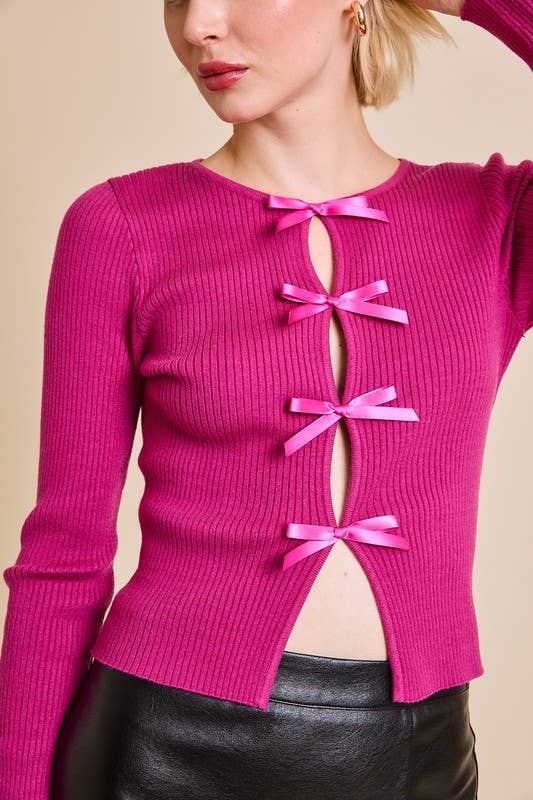 Veronica Long Sleeve Satin Bow Detail Sweater Top