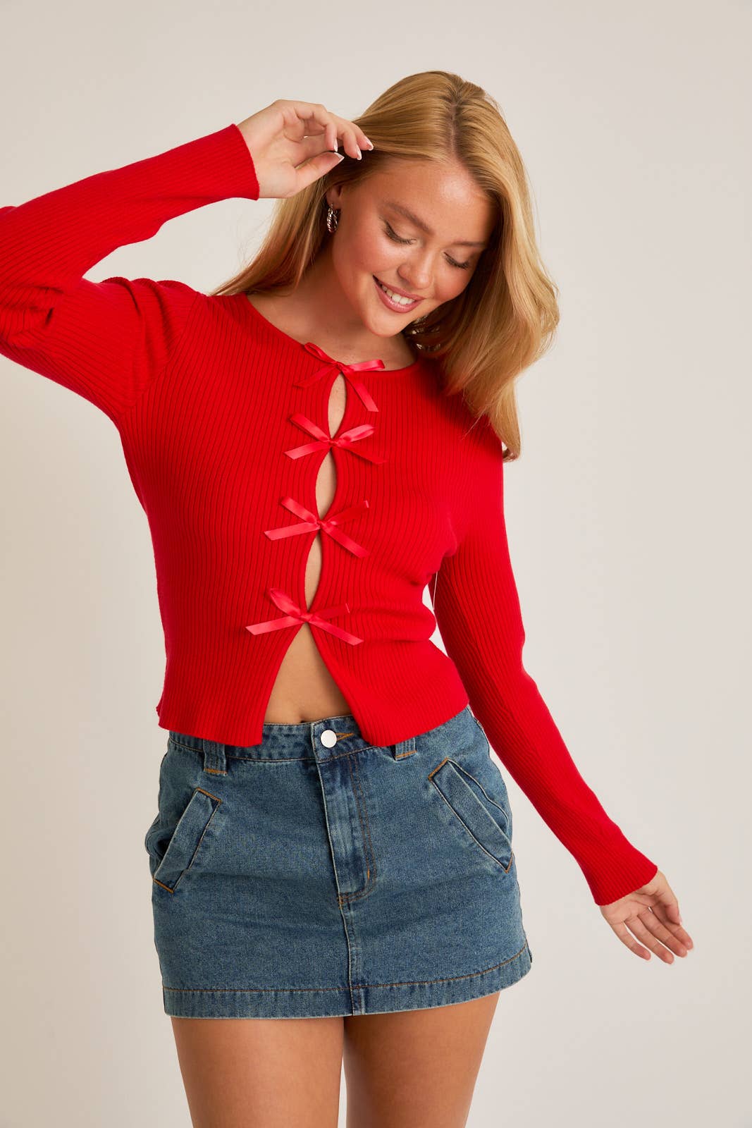 Veronica Long Sleeve Satin Bow Detail Sweater Top