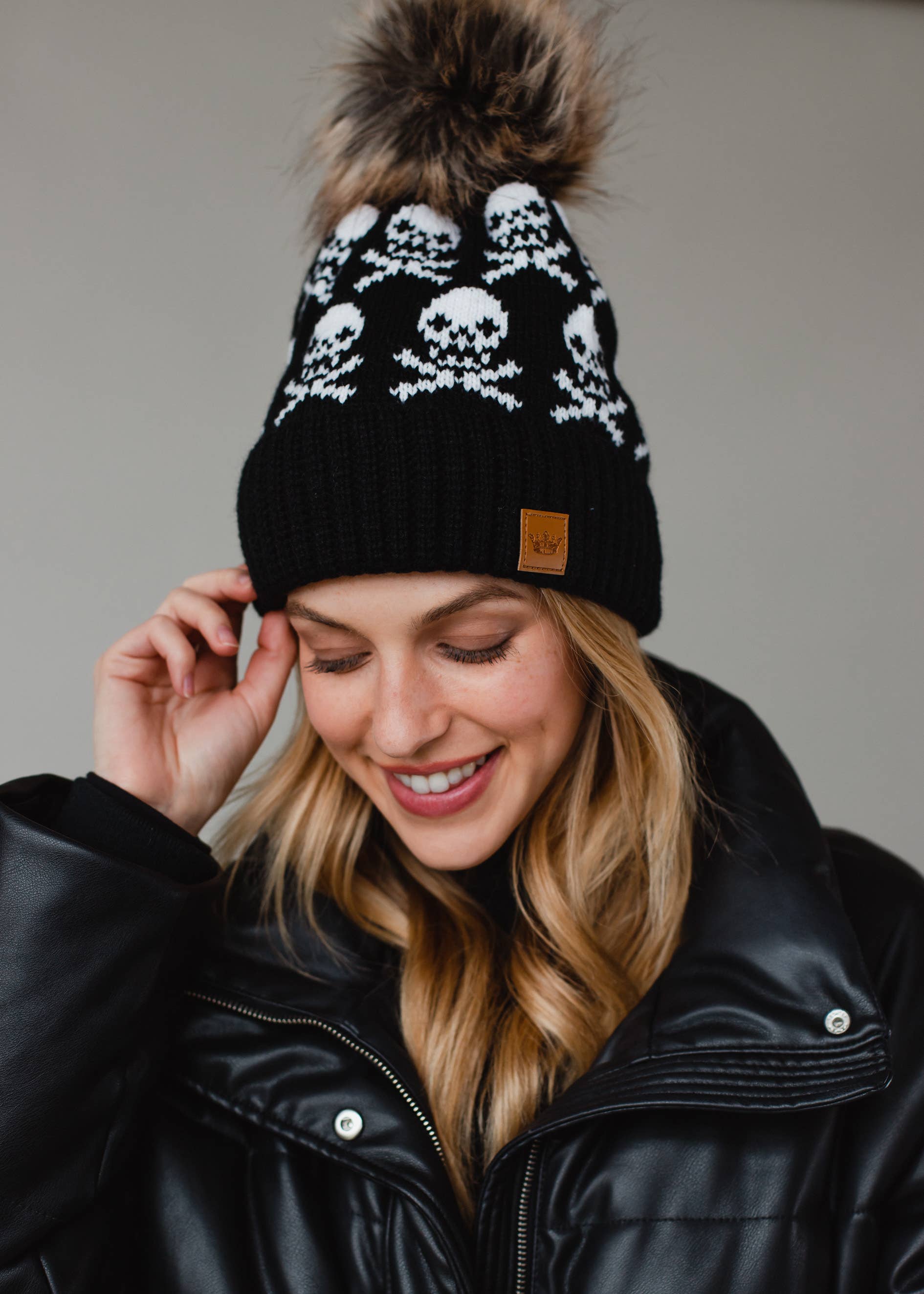 Haunted Black Skull Pattern Pom Hat