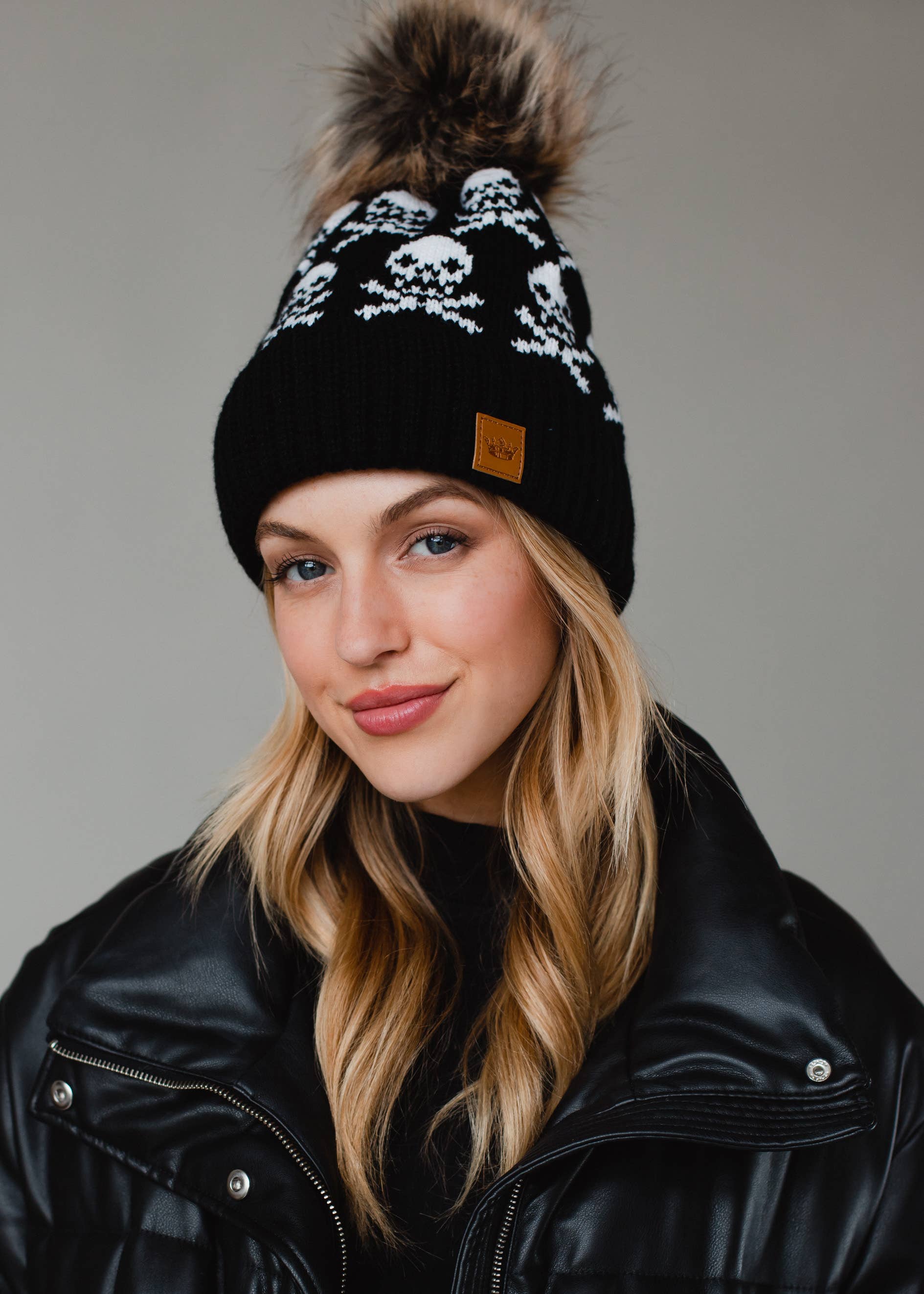 Haunted Black Skull Pattern Pom Hat