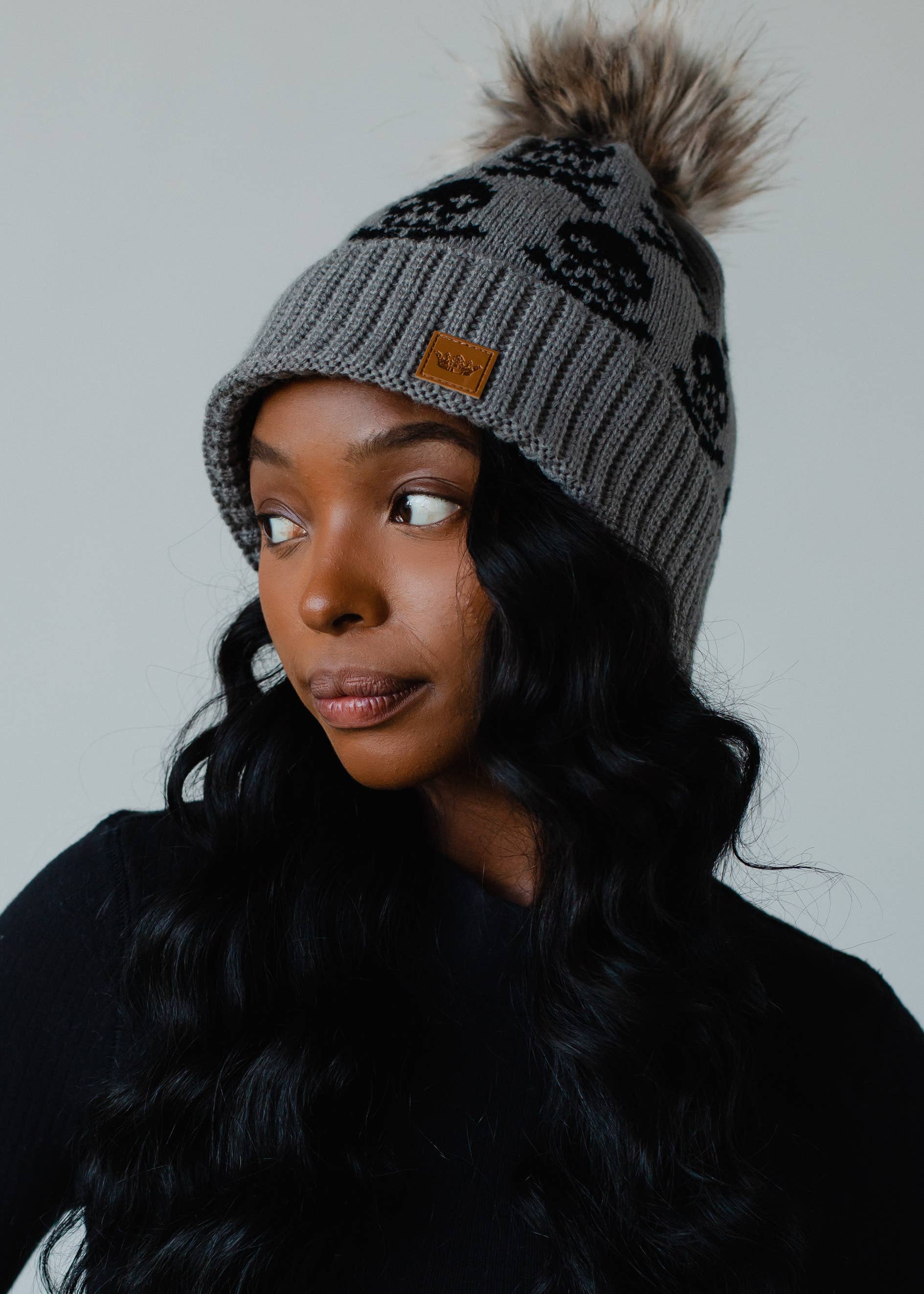 Haunted Gray Skull Pattern Pom Hat