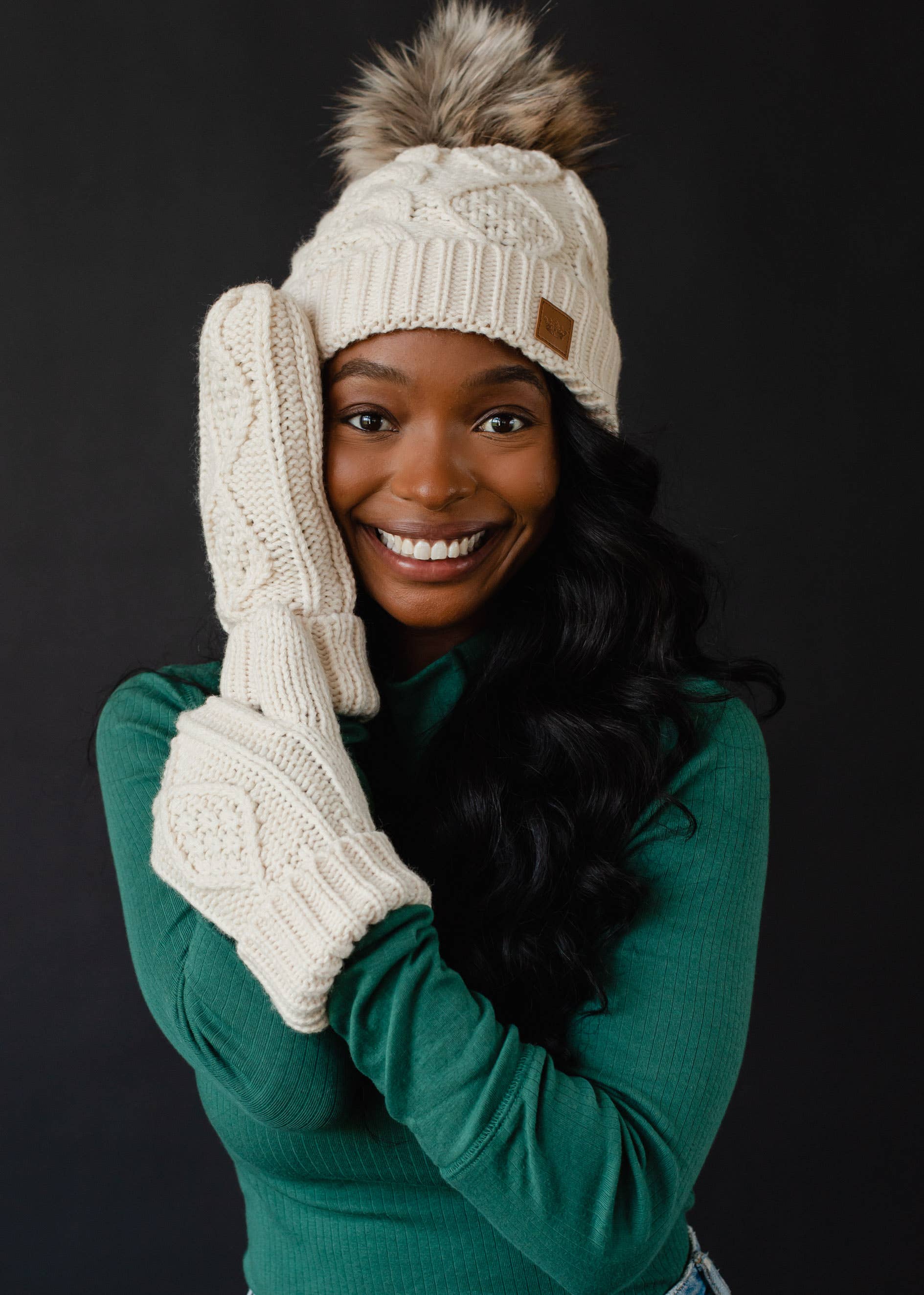 Tarmi Ivory Cable Knit Pom Hat