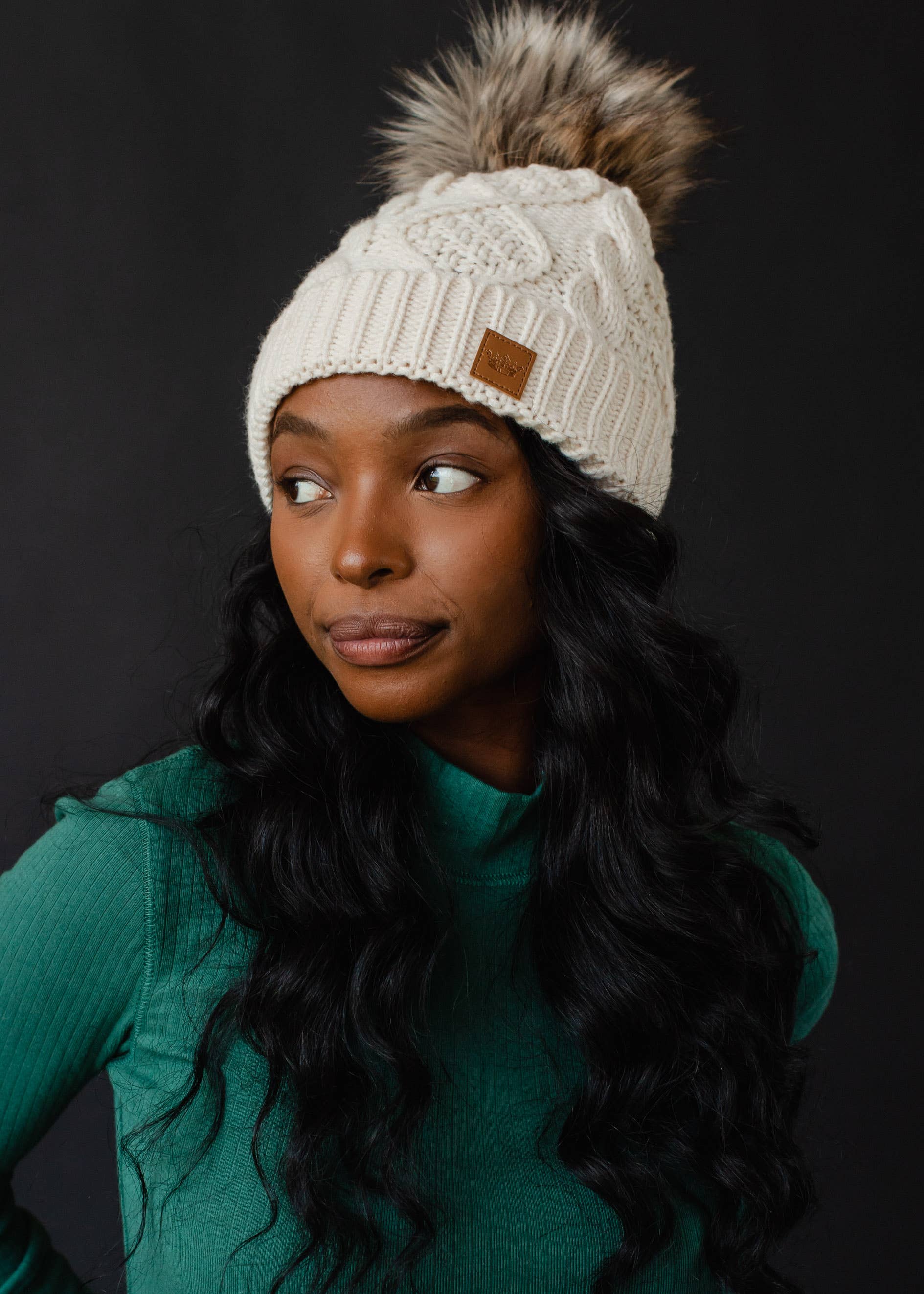 Tarmi Ivory Cable Knit Pom Hat